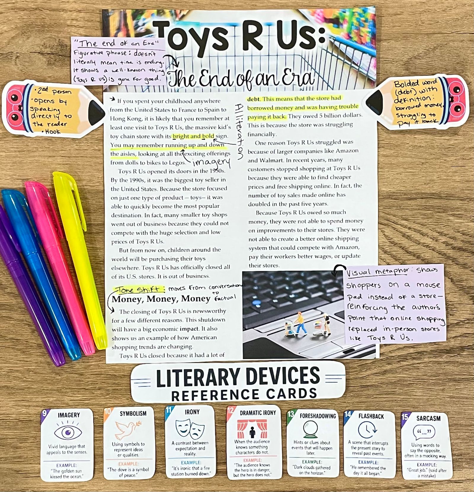 Middle school reading materials: an annotated nonfiction article marked for tone shift and figurative language, with literary device reference cards