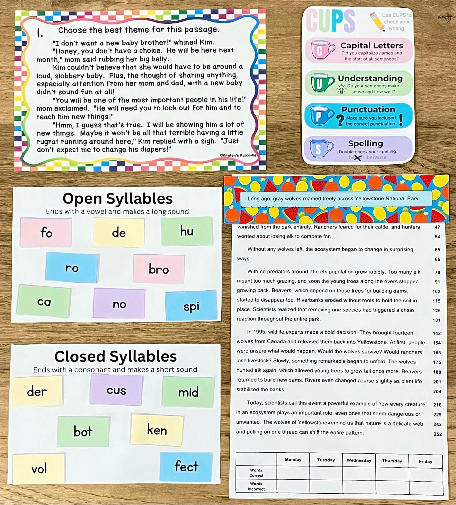 Upper elementary reading materials: theme passage, CUPS editing poster, open and closed syllable cards, and a timed fluency passage