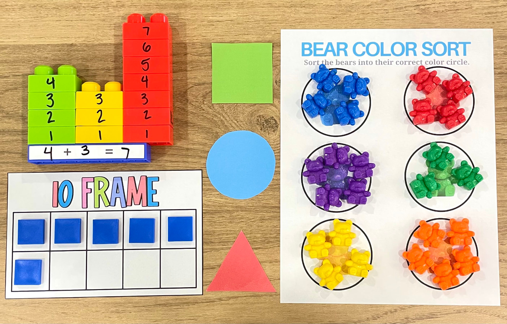 Early elementary math materials for number sense, color sorting, shapes, and addition