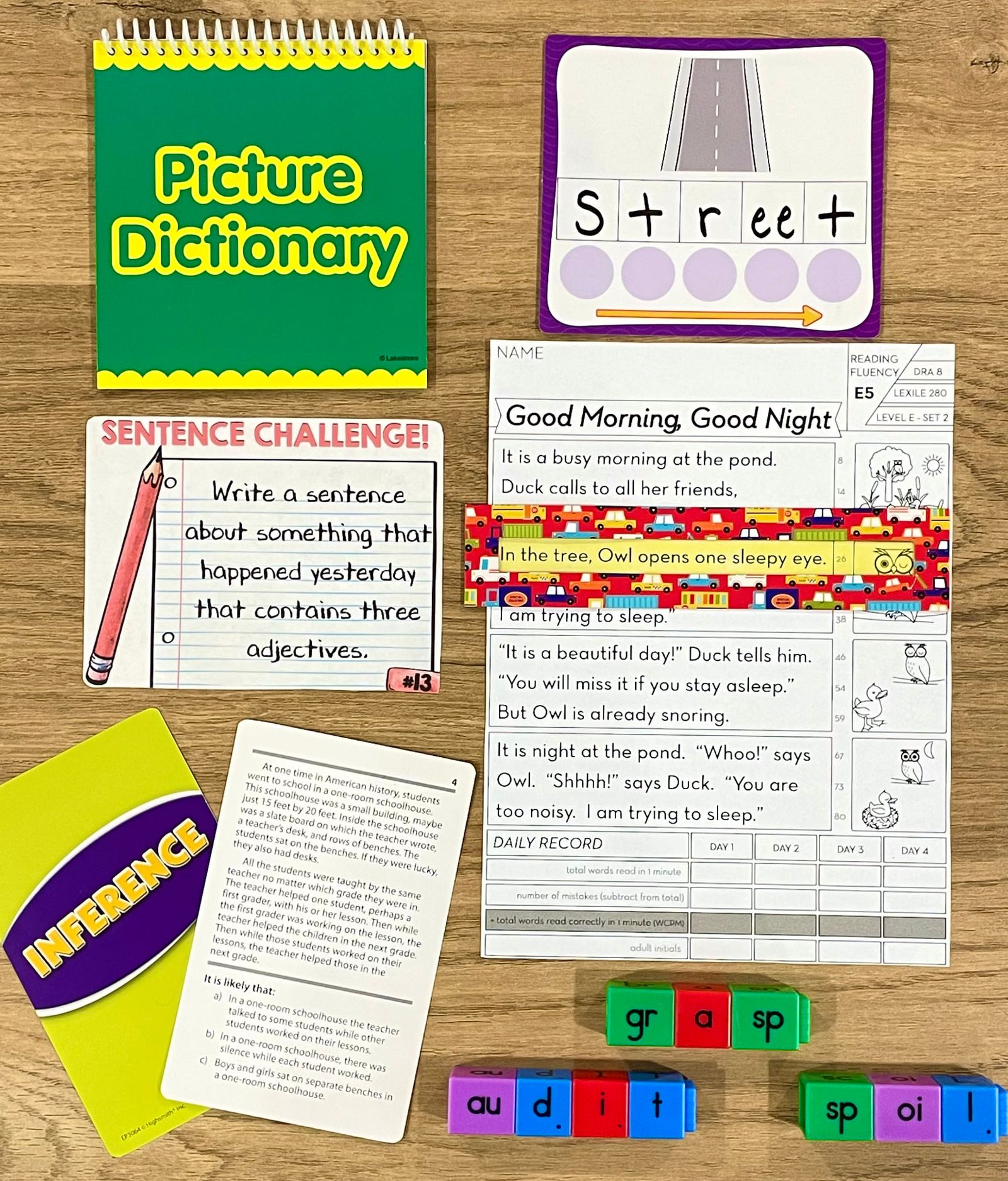 Middle elementary reading materials: picture dictionary, fluency passage, inference cards, sentence challenge, and multisyllable word cubes