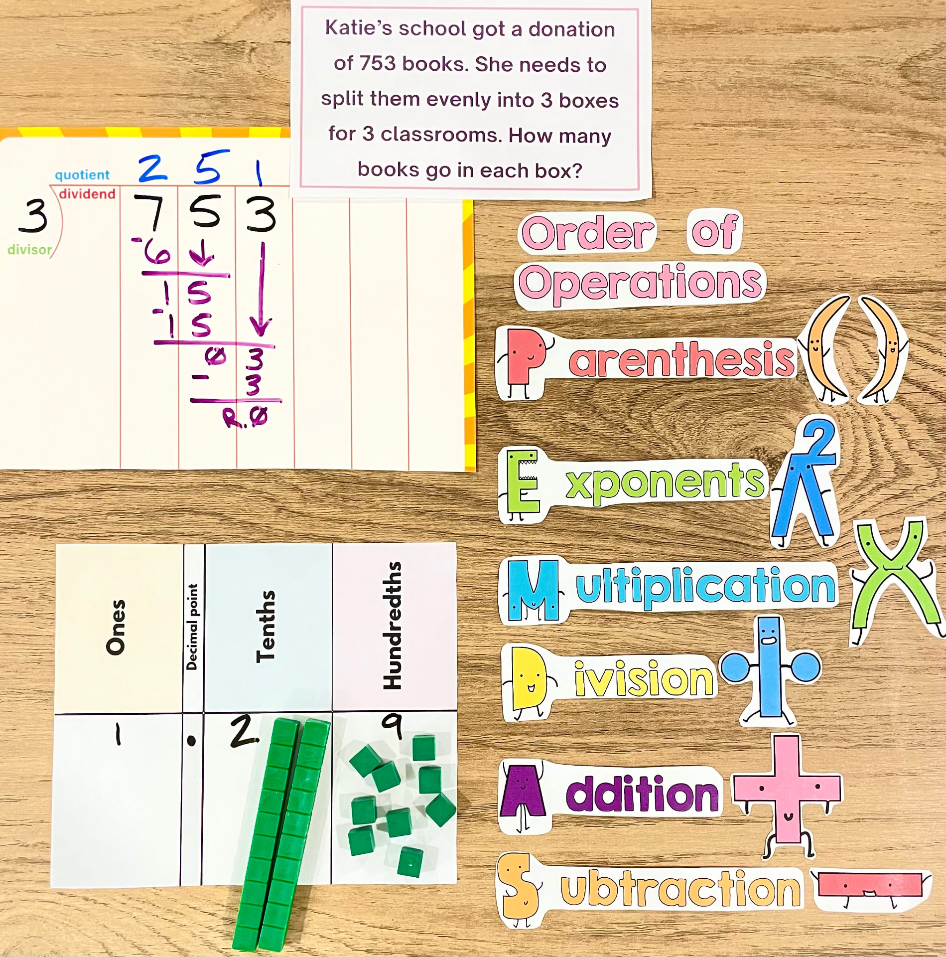 Upper elementary math materials for long division, decimals, word problems, and order of operations